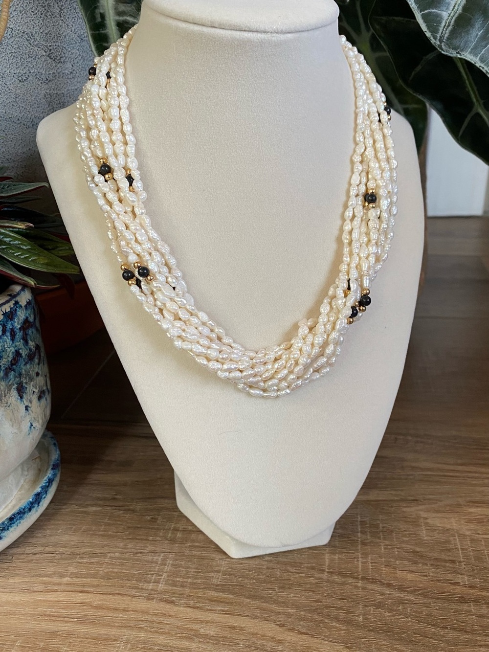 Cream Multi-Strand Pearl Necklace with Black Accent Beads - Picture 3 of 5